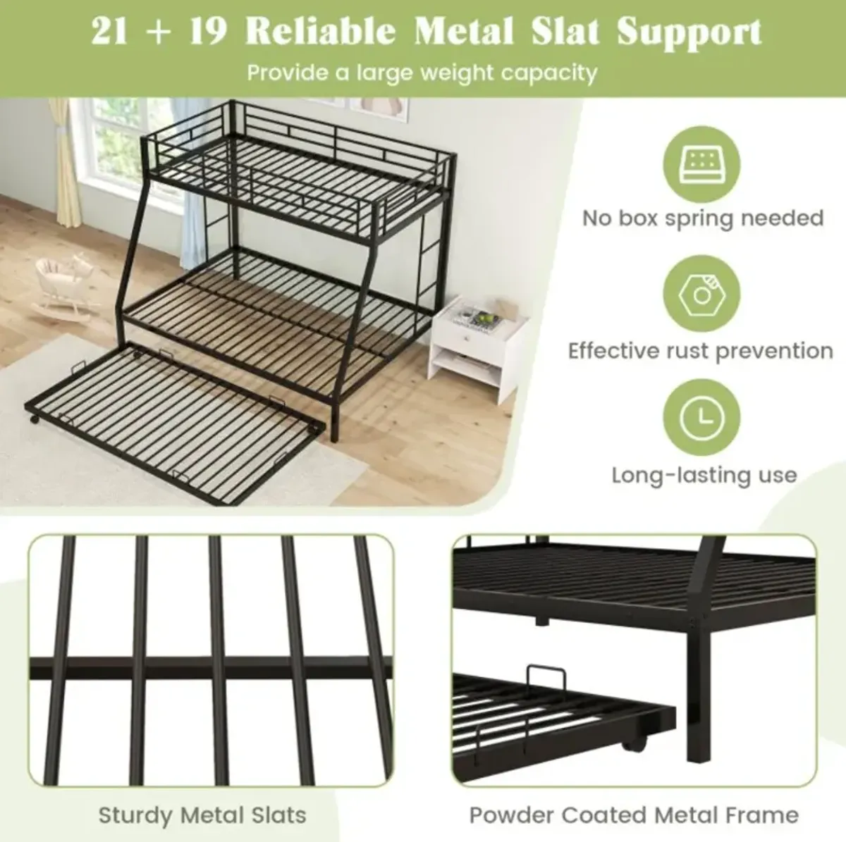 Hivvago Twin Over Full Bunk Bed Frame with Trundle for Guest Room