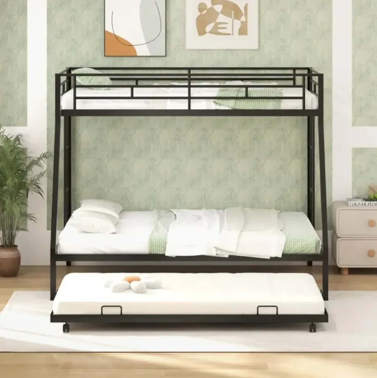 Hivvago Twin Over Full Bunk Bed Frame with Trundle for Guest Room