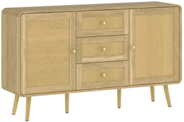 FUFU&GAGA Modern Rattan Dresser with Gold Handles & Legs, 3 Drawers & 2 Cabinets, Natural Wood Finish (55.1" W x 13.8" D x 32.1" H),White
