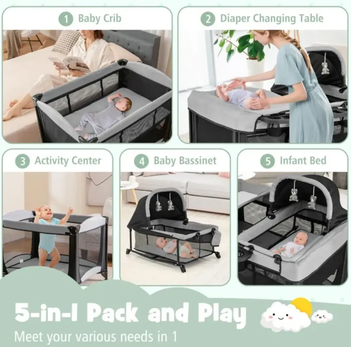 Hivvago 5-in-1 Portable Baby Playard with Cradle and Storage Basket