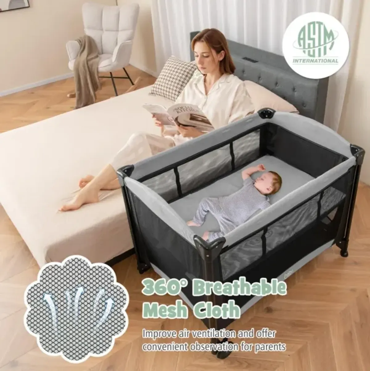 Hivvago 5-in-1 Portable Baby Playard with Cradle and Storage Basket