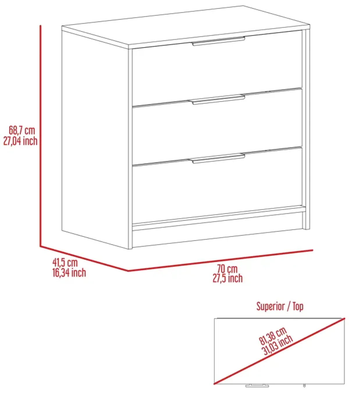 Kaia 3 Drawers Dresser, Superior Top -Smokey Oak / White