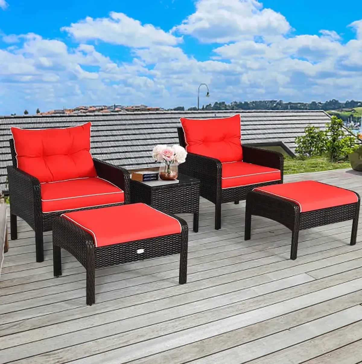 5 Pieces Patio Rattan Sofa Ottoman Furniture Set with Cushions