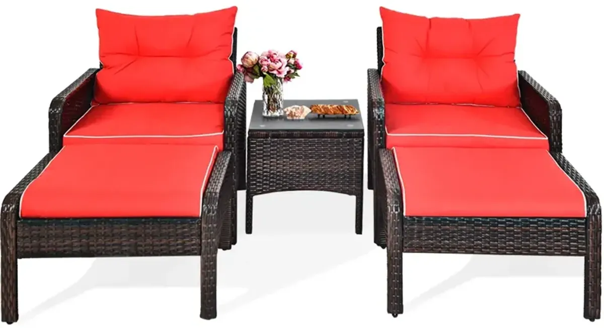 5 Pieces Patio Rattan Sofa Ottoman Furniture Set with Cushions