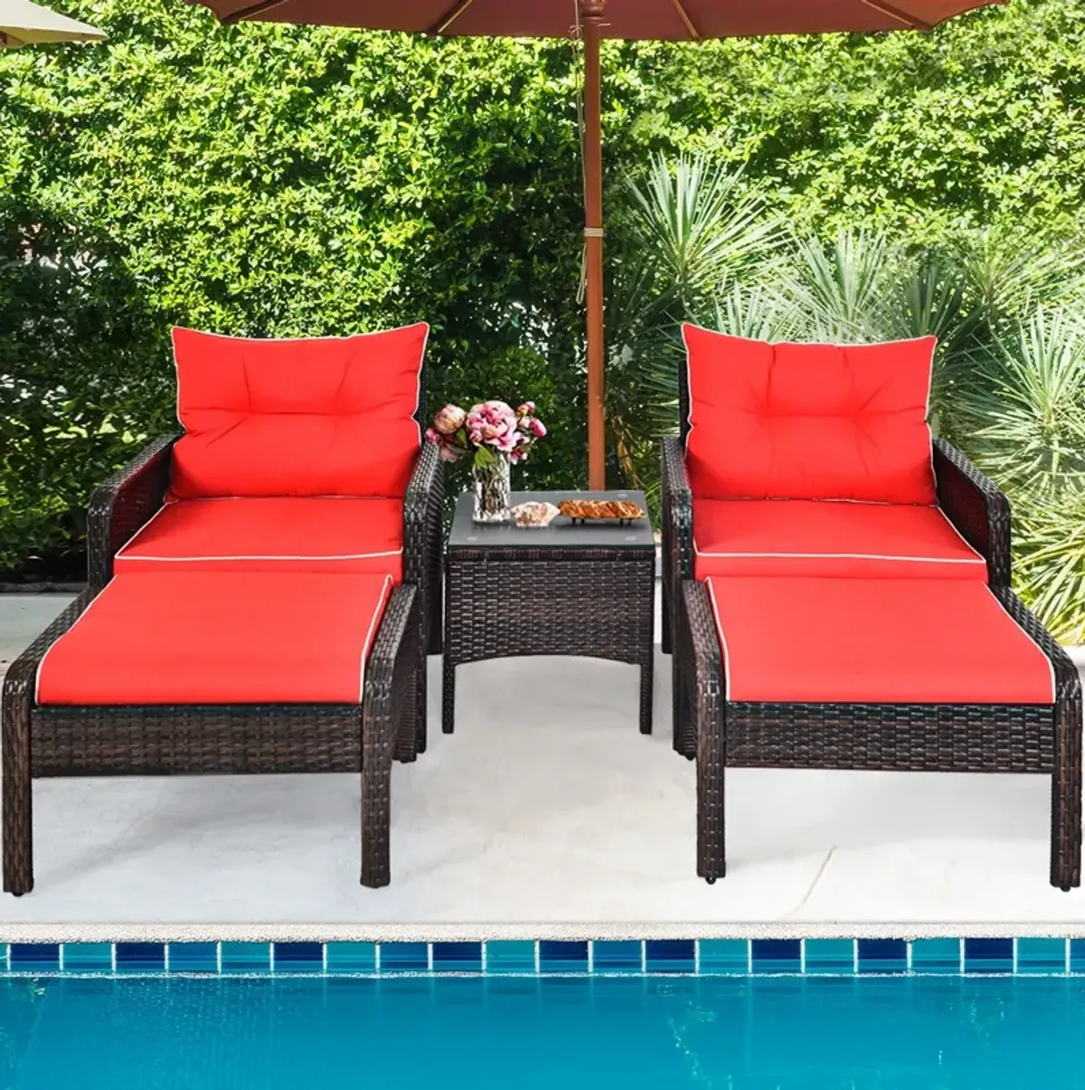 5 Pieces Patio Rattan Sofa Ottoman Furniture Set with Cushions