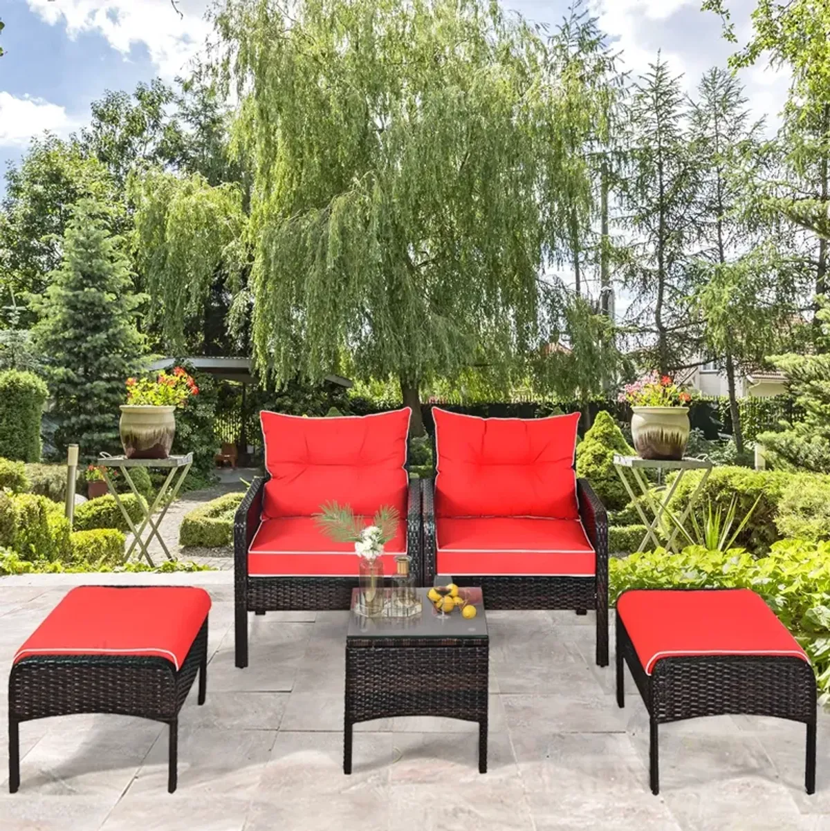 5 Pieces Patio Rattan Sofa Ottoman Furniture Set with Cushions