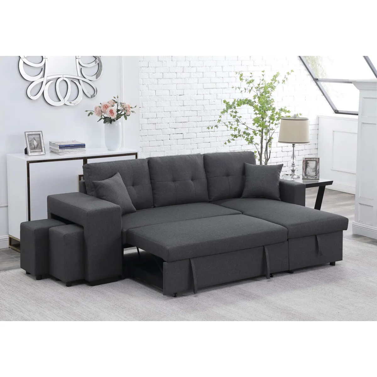 Dennis Dark Gray Linen Fabric Reversible Sleeper Sectional with Storage Chaise and 2 Stools