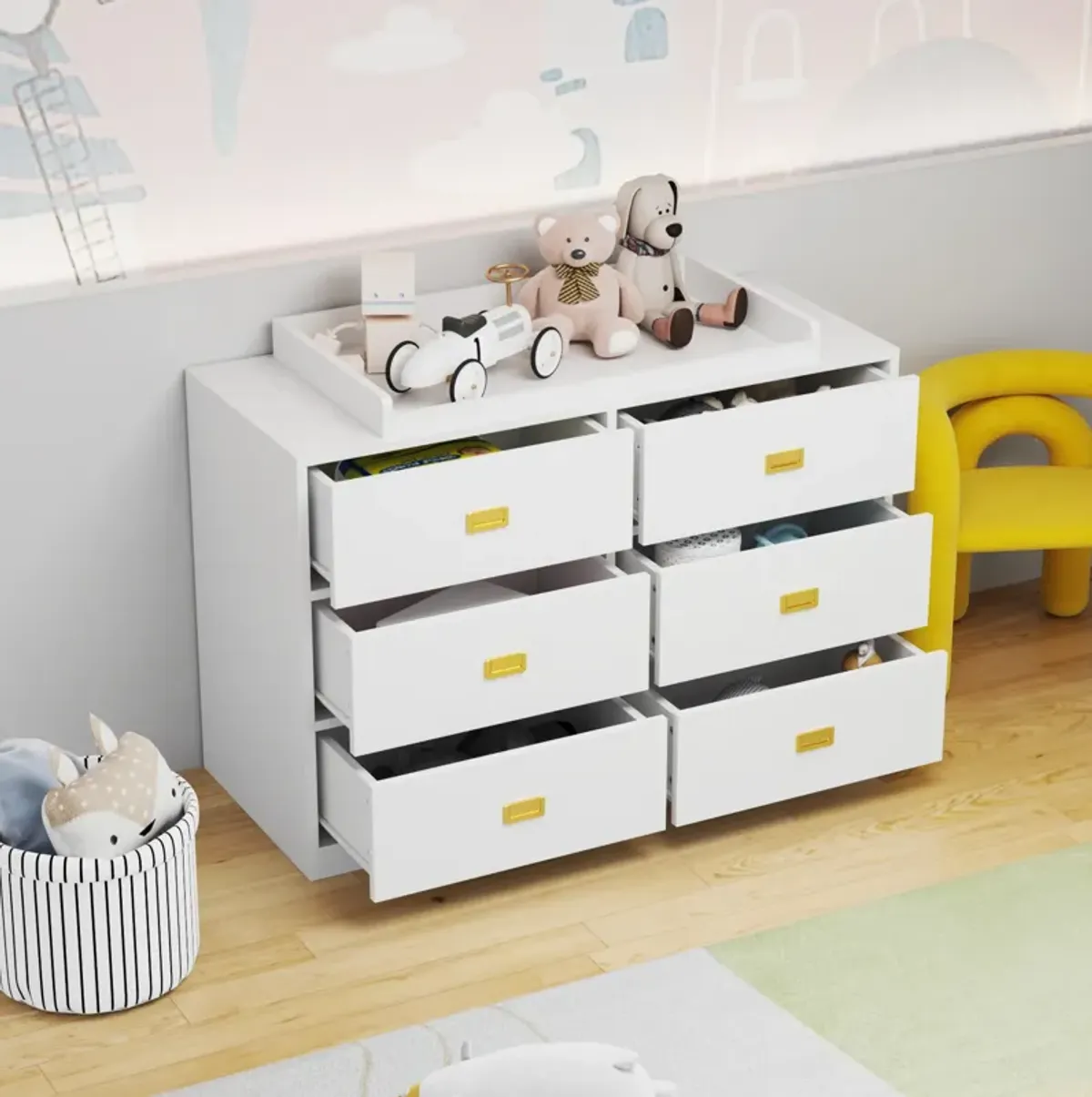 6-Drawer White Wooden Chest of Drawers Storage Dresser Freestanding Cabinet 45.1 in. W x 18.9 in. D x 30.1 in. H