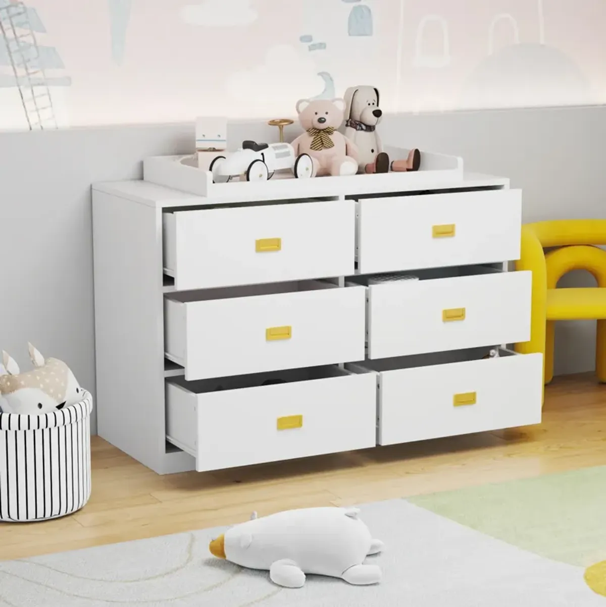 6-Drawer White Wooden Chest of Drawers Storage Dresser Freestanding Cabinet 45.1 in. W x 18.9 in. D x 30.1 in. H