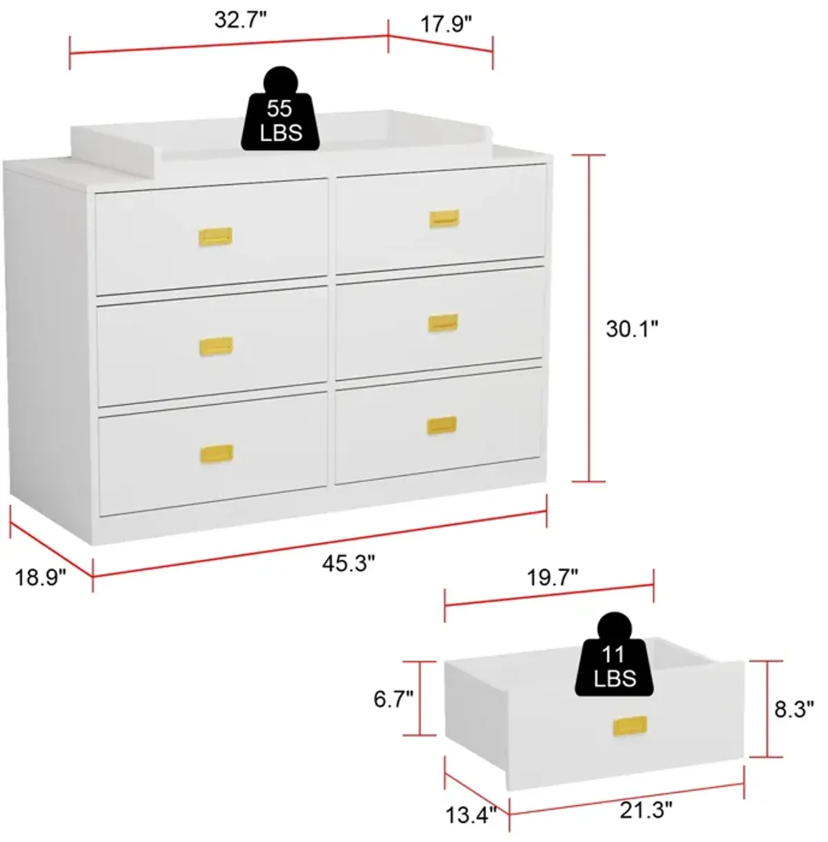 6-Drawer White Wooden Chest of Drawers Storage Dresser Freestanding Cabinet 45.1 in. W x 18.9 in. D x 30.1 in. H