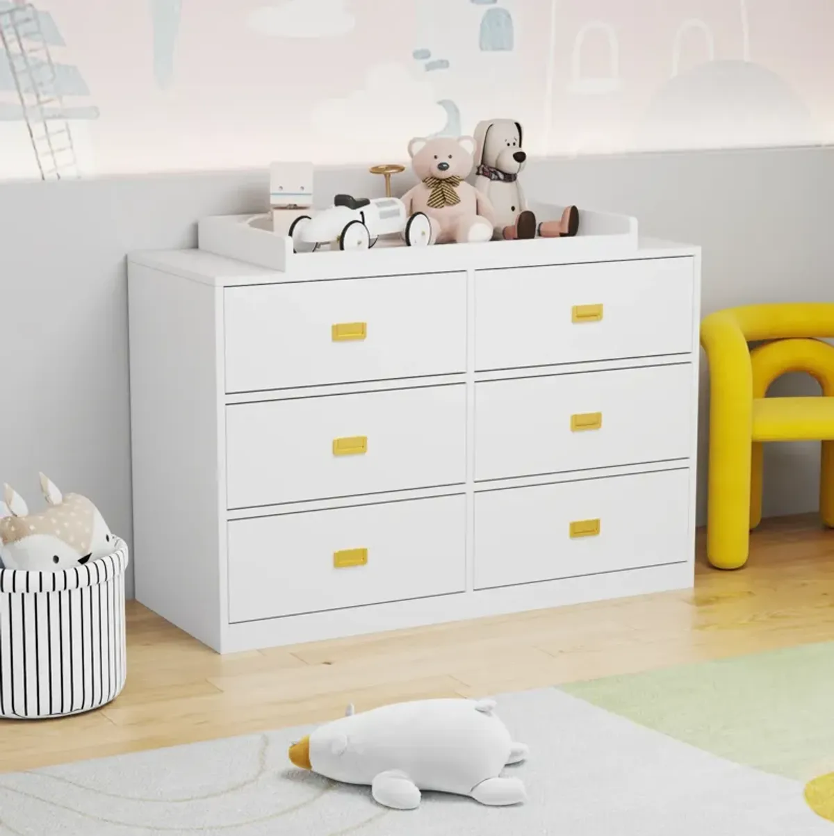 6-Drawer White Wooden Chest of Drawers Storage Dresser Freestanding Cabinet 45.1 in. W x 18.9 in. D x 30.1 in. H