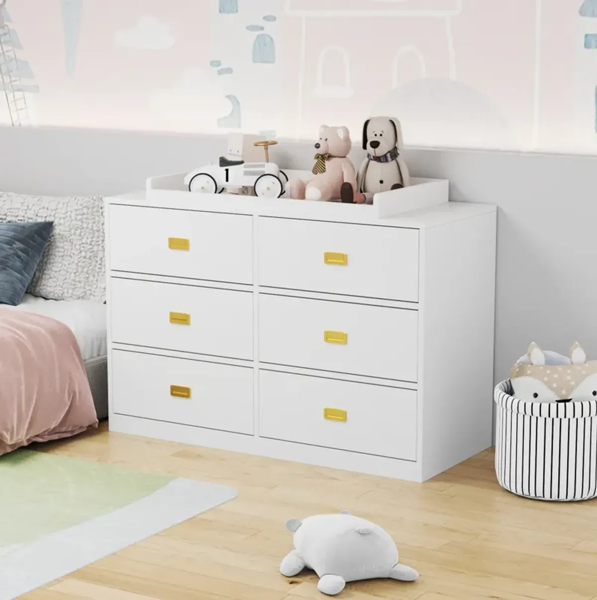 6-Drawer White Wooden Chest of Drawers Storage Dresser Freestanding Cabinet 45.1 in. W x 18.9 in. D x 30.1 in. H