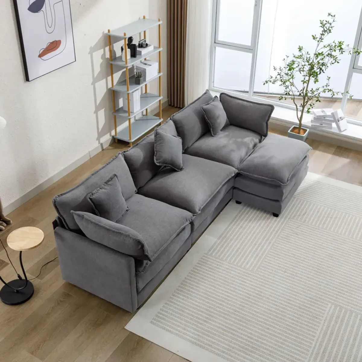 Gewnee L-Shape Chenille Upholstered Sofa with Ottoman, 5 Pillows, Gray