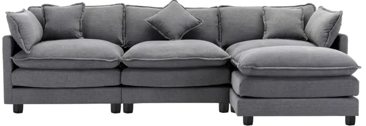 Gewnee L-Shape Chenille Upholstered Sofa with Ottoman, 5 Pillows, Gray