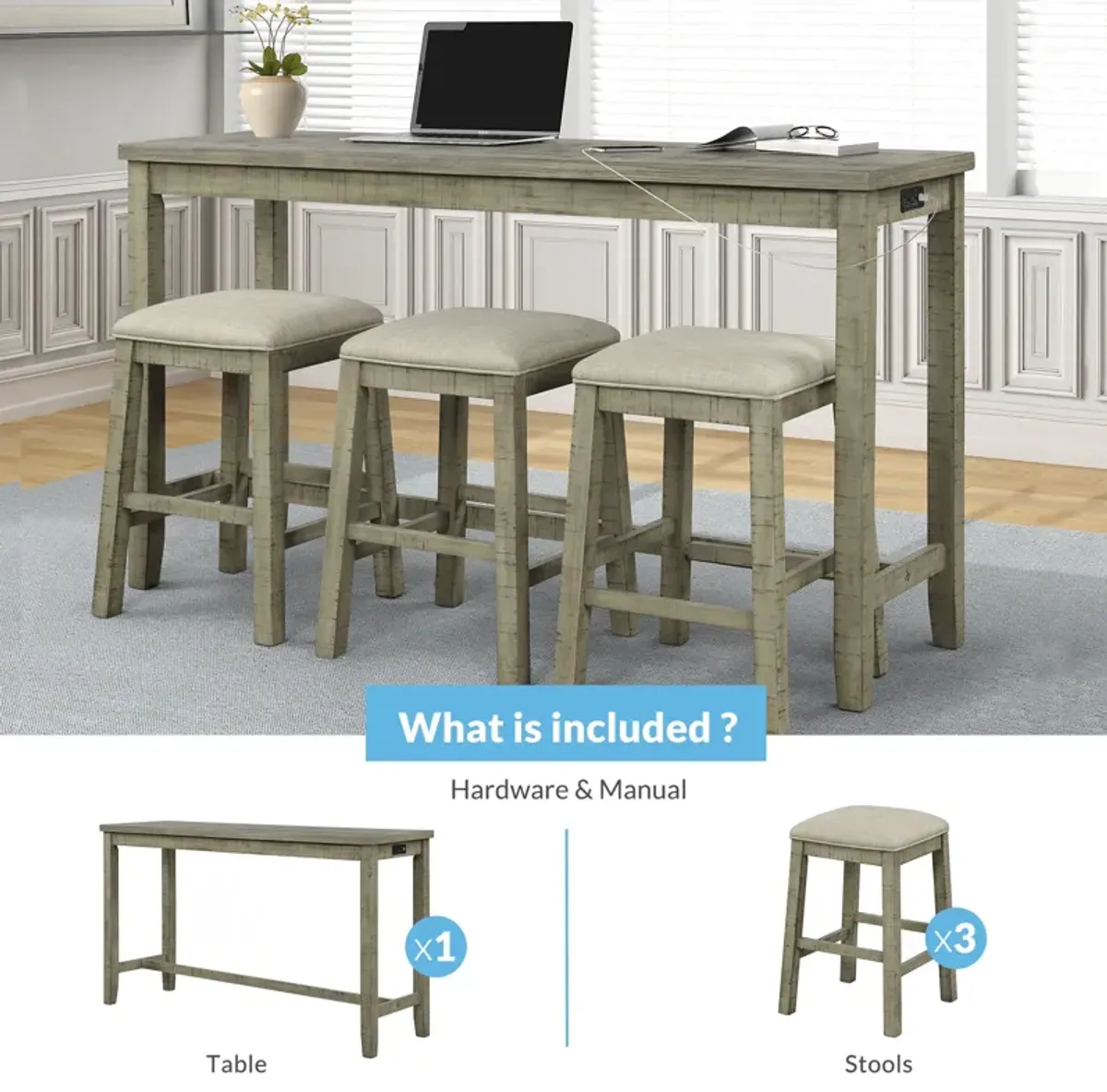 Merax Rustic Bar Dining Set with Socket