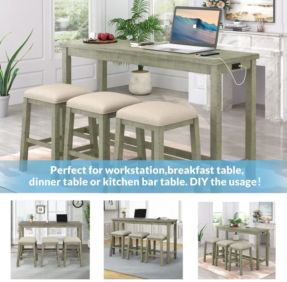 Merax Rustic Bar Dining Set with Socket