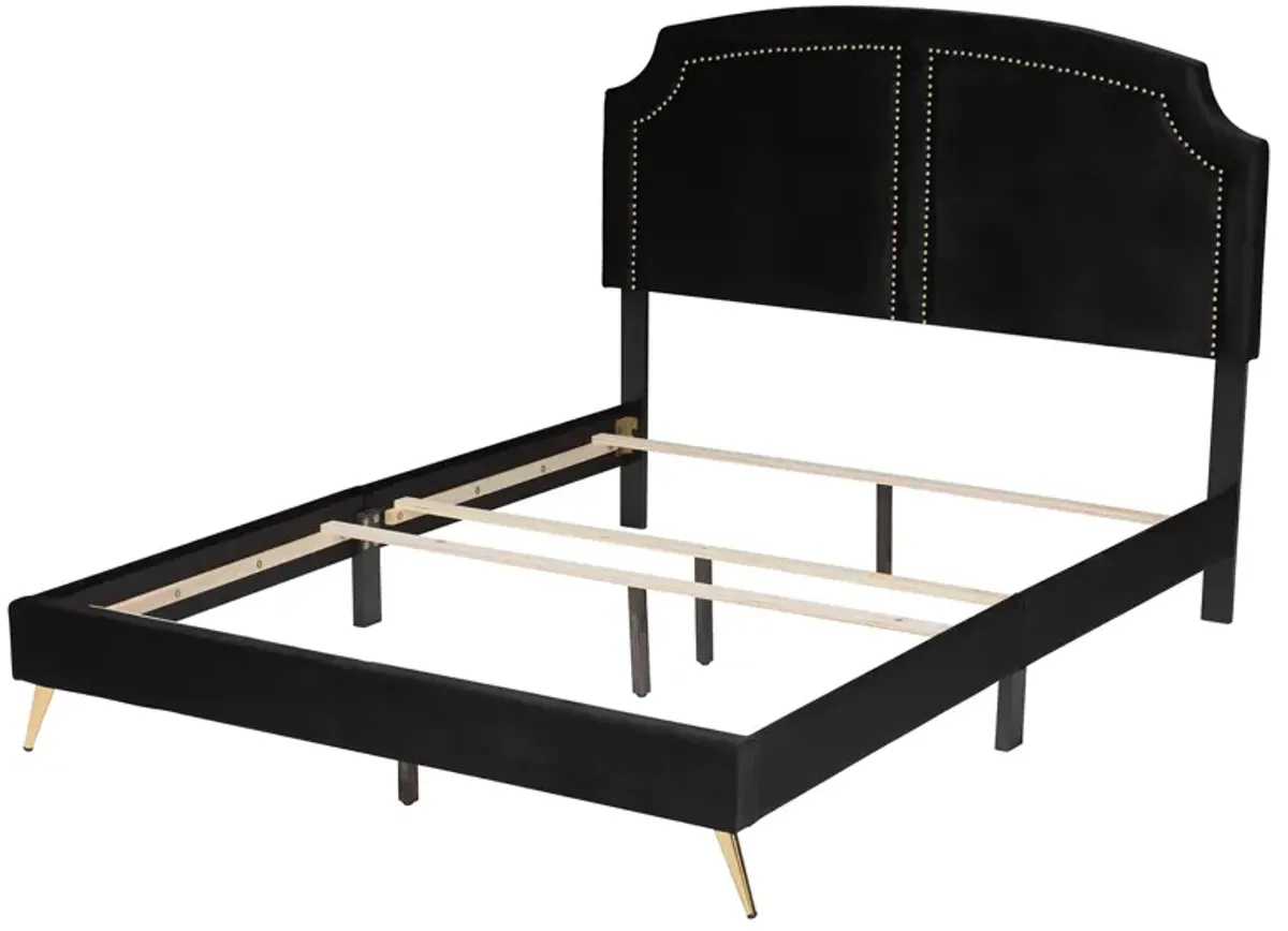 Baxton Studio Oxley Traditional Black Velvet and Gold Metal Queen Size Panel Bed