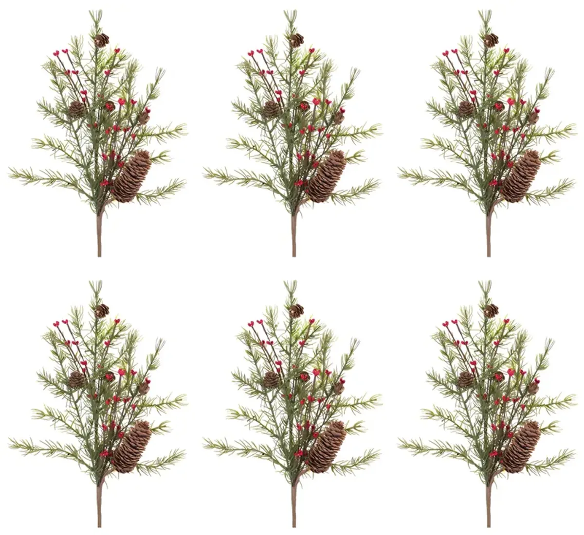 Set of 6 Pine with Berry and Cone Sprays for Holiday Wreaths and Decor