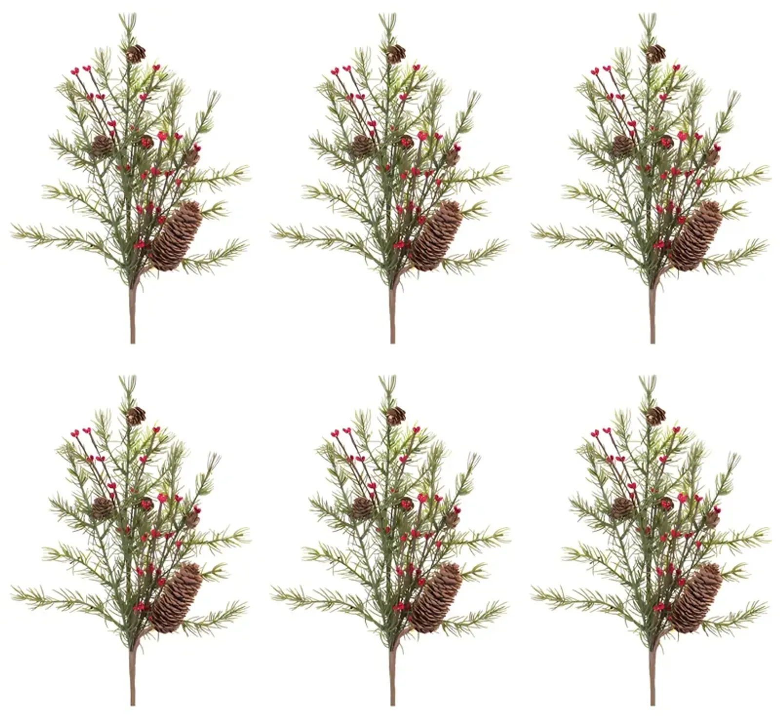 Set of 6 Pine with Berry and Cone Sprays for Holiday Wreaths and Decor