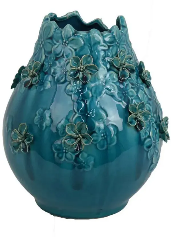 Remi Flower Vase, Decorative Aqua Blue Ceramic w Floral Motifs 11 Inch - Benzara
