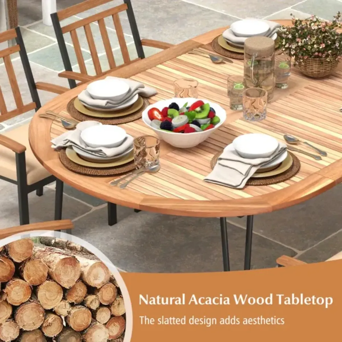 Hivvago 79 Inch Oval Patio Dining Table with Umbrella Hole and Acacia Wood Tabletop for 8 People