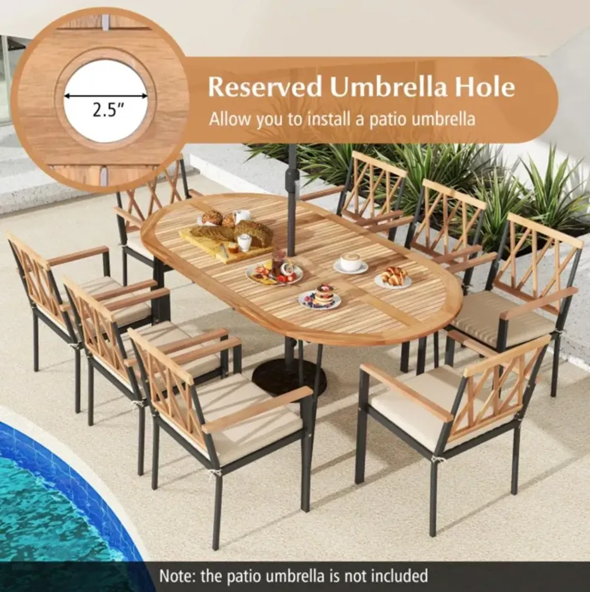 Hivvago 79 Inch Oval Patio Dining Table with Umbrella Hole and Acacia Wood Tabletop for 8 People