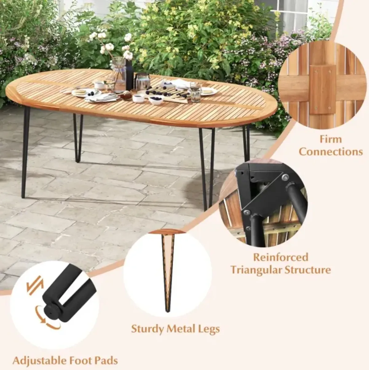 Hivvago 79 Inch Oval Patio Dining Table with Umbrella Hole and Acacia Wood Tabletop for 8 People