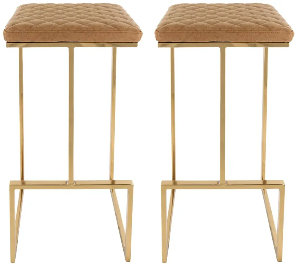 LeisureMod Quincy Stitched Leather Gold Metal Bar Stools set 2 in Light Brown