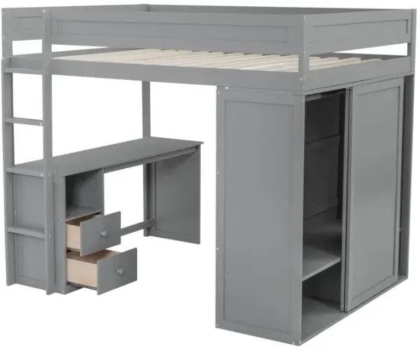 Whisen Wood Full Size Loft Bed with Wardrobes and 2-Drawer Desk with Cabinet - Gray