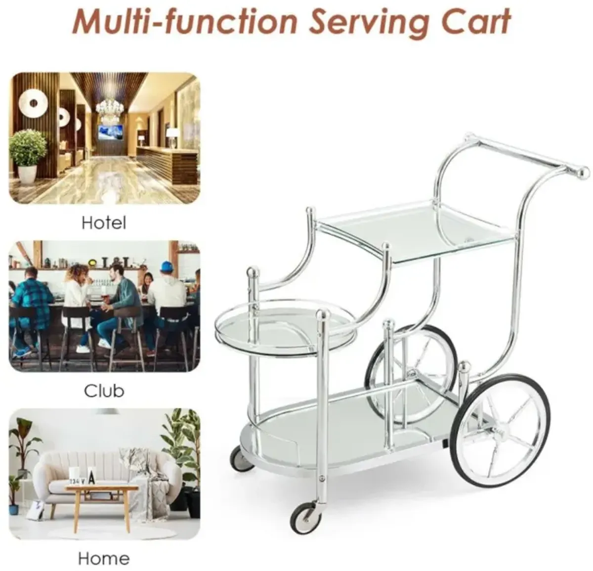 Hivvago Kitchen Rolling Bar Cart with Tempered Glass Suitable for Restaurant and Hotel