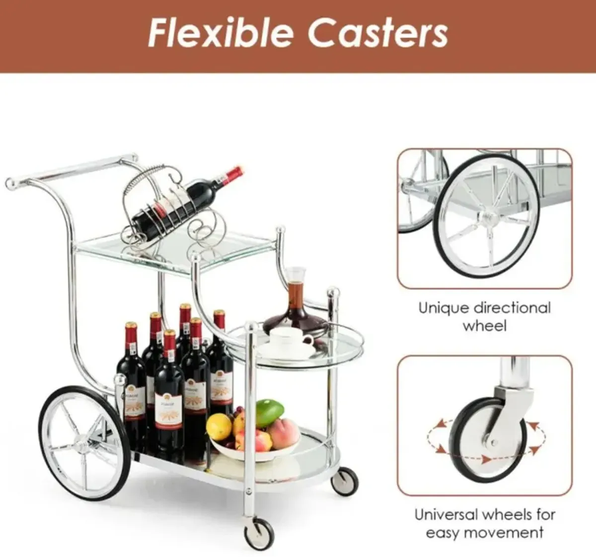 Hivvago Kitchen Rolling Bar Cart with Tempered Glass Suitable for Restaurant and Hotel