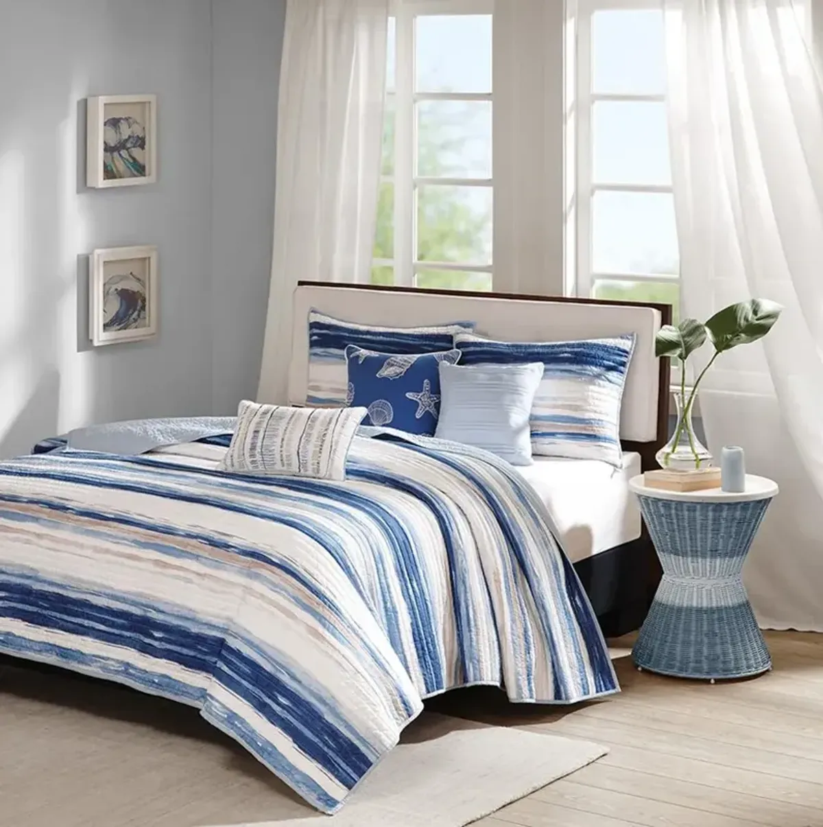 Belen Kox Coastal Watercolor Blue Quilted 6-Piece Coverlet Set, Belen Kox