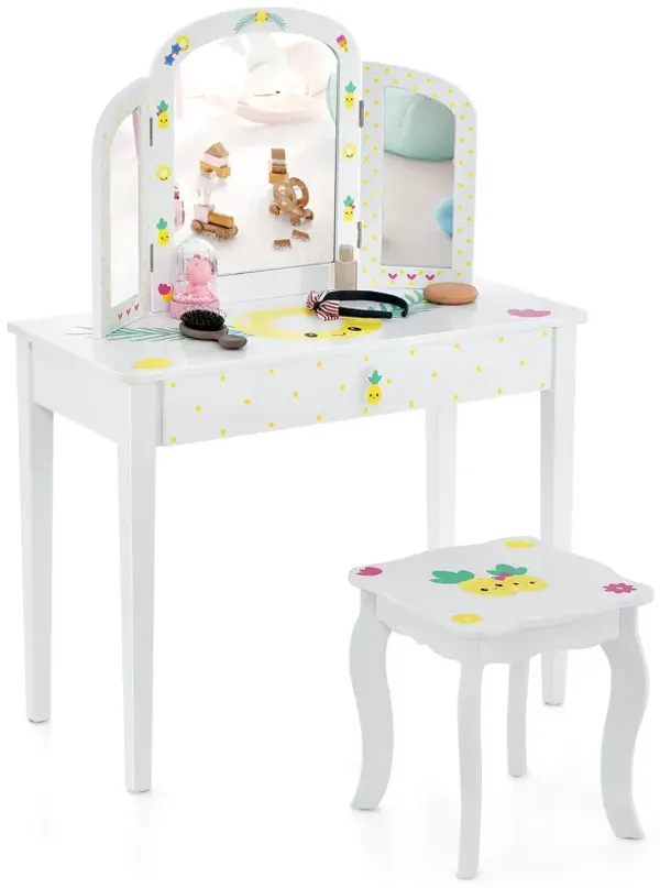 Kids Vanity Table Set with Tri-Folding Mirror and Large Drawer-White