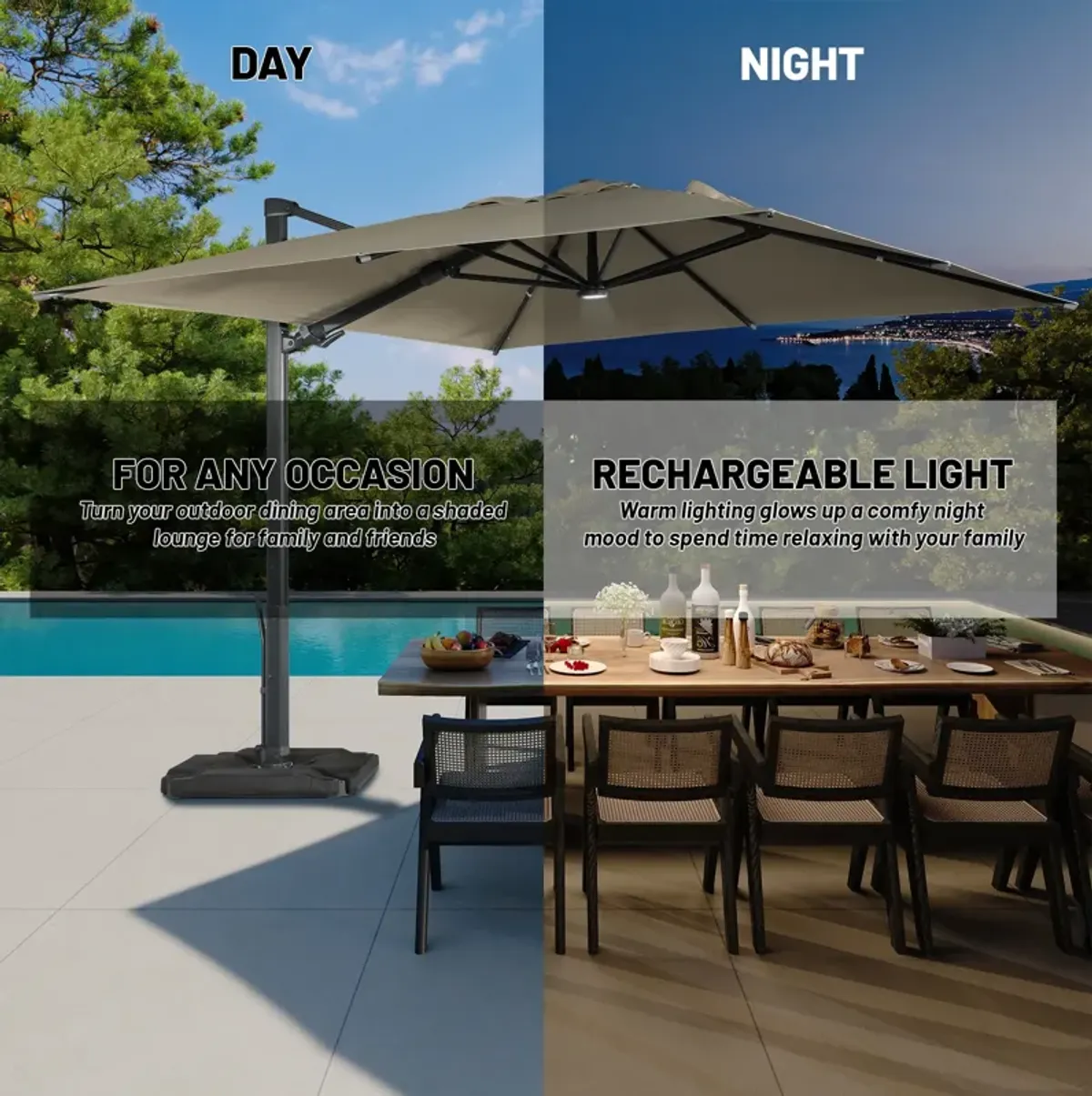 10 x 10 ft. 360° Rotation Square Cantilever Umbrella with Base and LED Light in Taupe