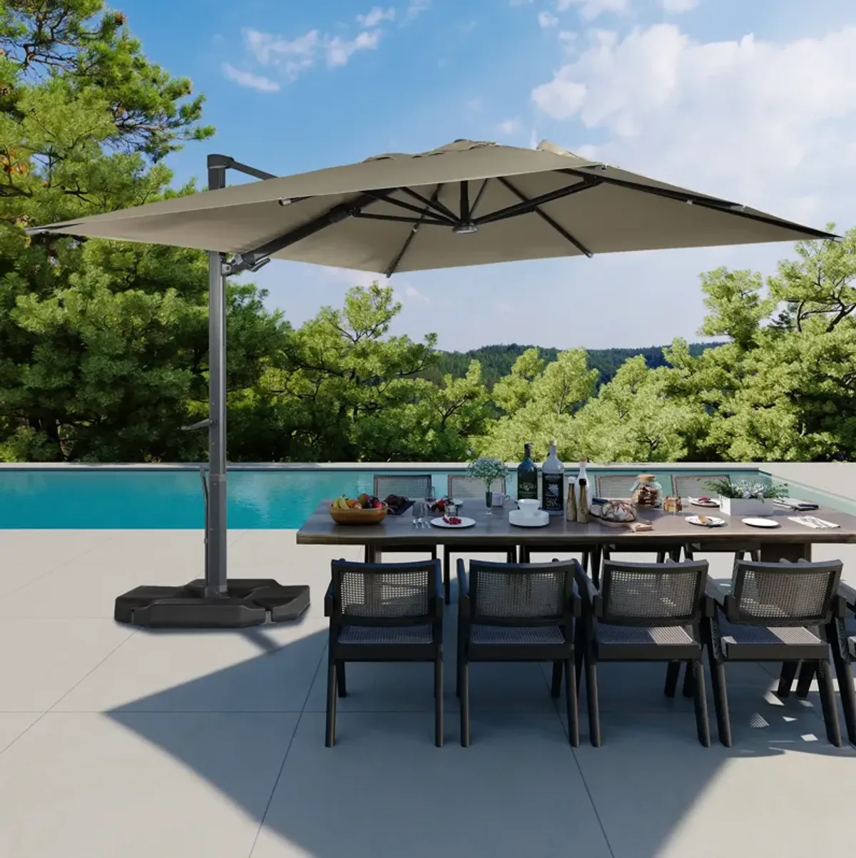 10 x 10 ft. 360° Rotation Square Cantilever Umbrella with Base and LED Light in Taupe