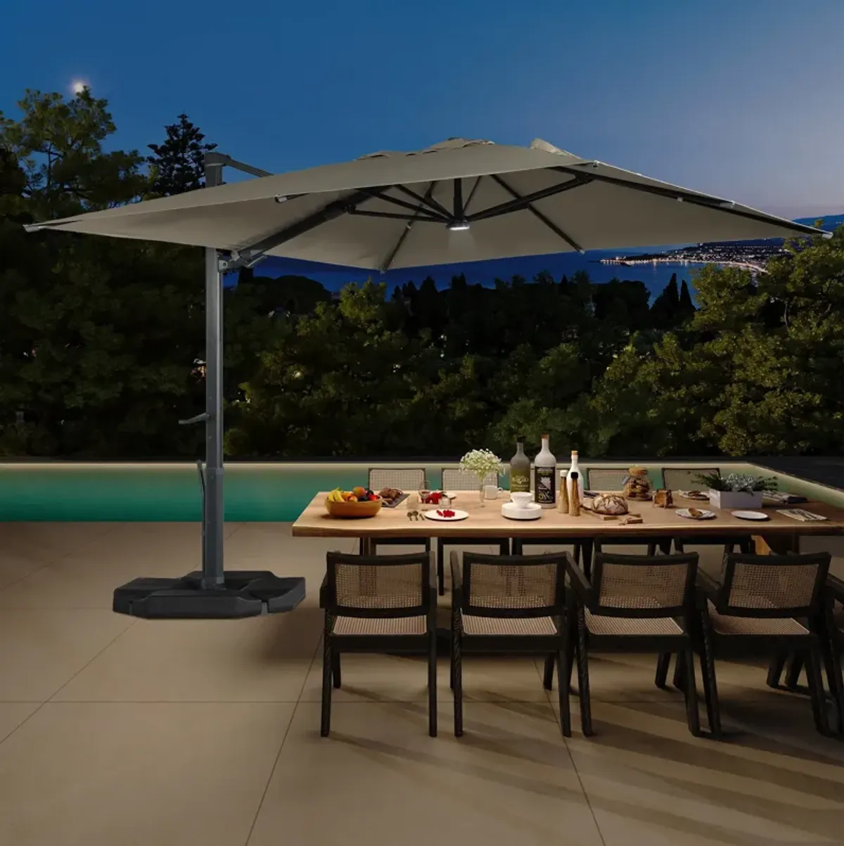 10 x 10 ft. 360° Rotation Square Cantilever Umbrella with Base and LED Light in Taupe