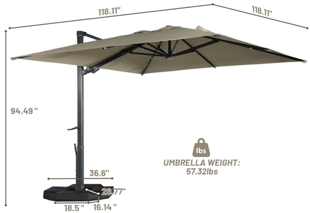 10 x 10 ft. 360° Rotation Square Cantilever Umbrella with Base and LED Light in Taupe