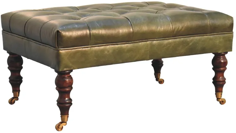 Artisan Furniture  Solid Wood Buffalo Green Leather Ottoman with Castor Legs