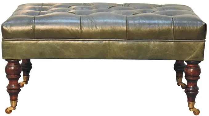 Artisan Furniture  Solid Wood Buffalo Green Leather Ottoman with Castor Legs