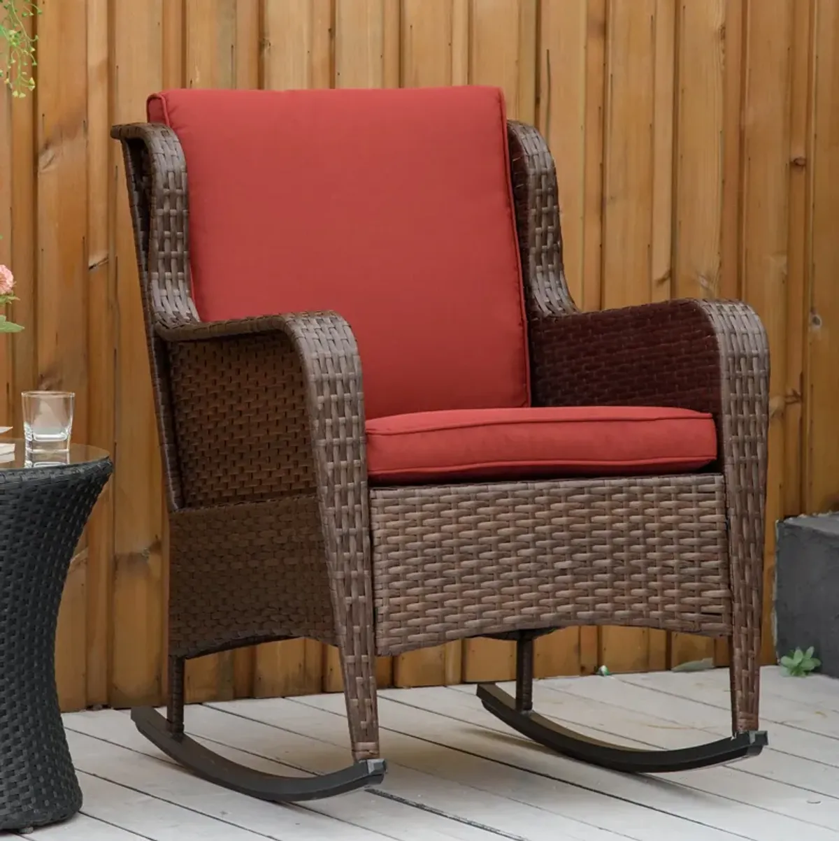 Wine Red Garden Seat: Patio Wicker Rocking Chair with Cushions