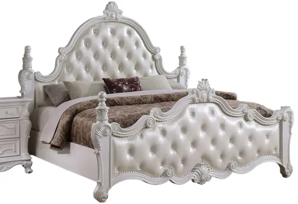 Moni Queen Bed, White Button Tufted Traditional Upholstery, Solid Wood - Benzara