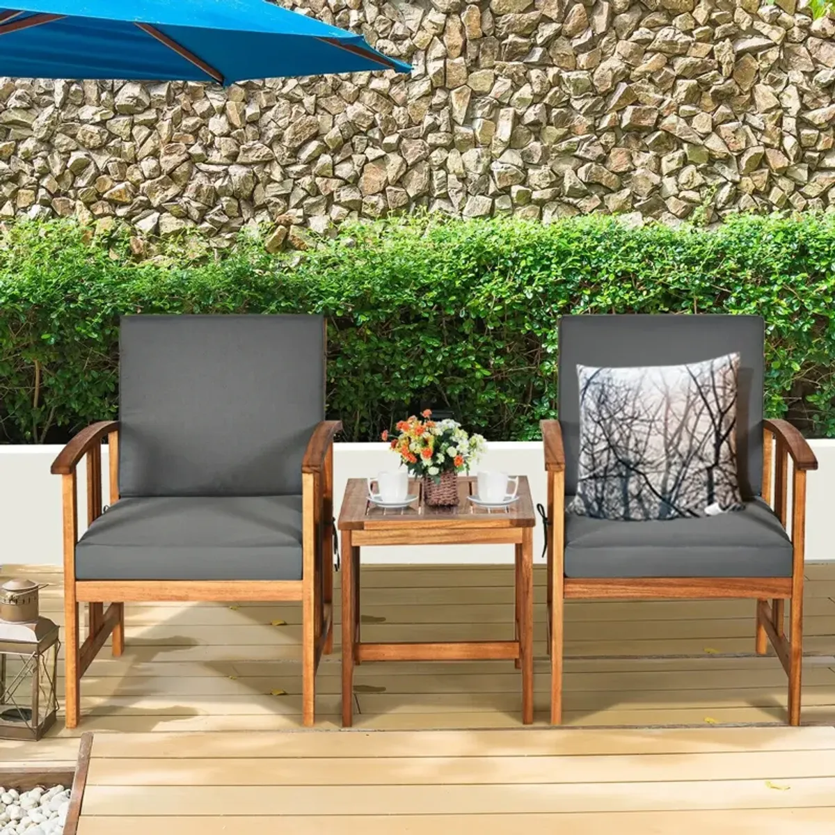 3PC Solid Wood Outdoor Patio Sofa Furniture Set