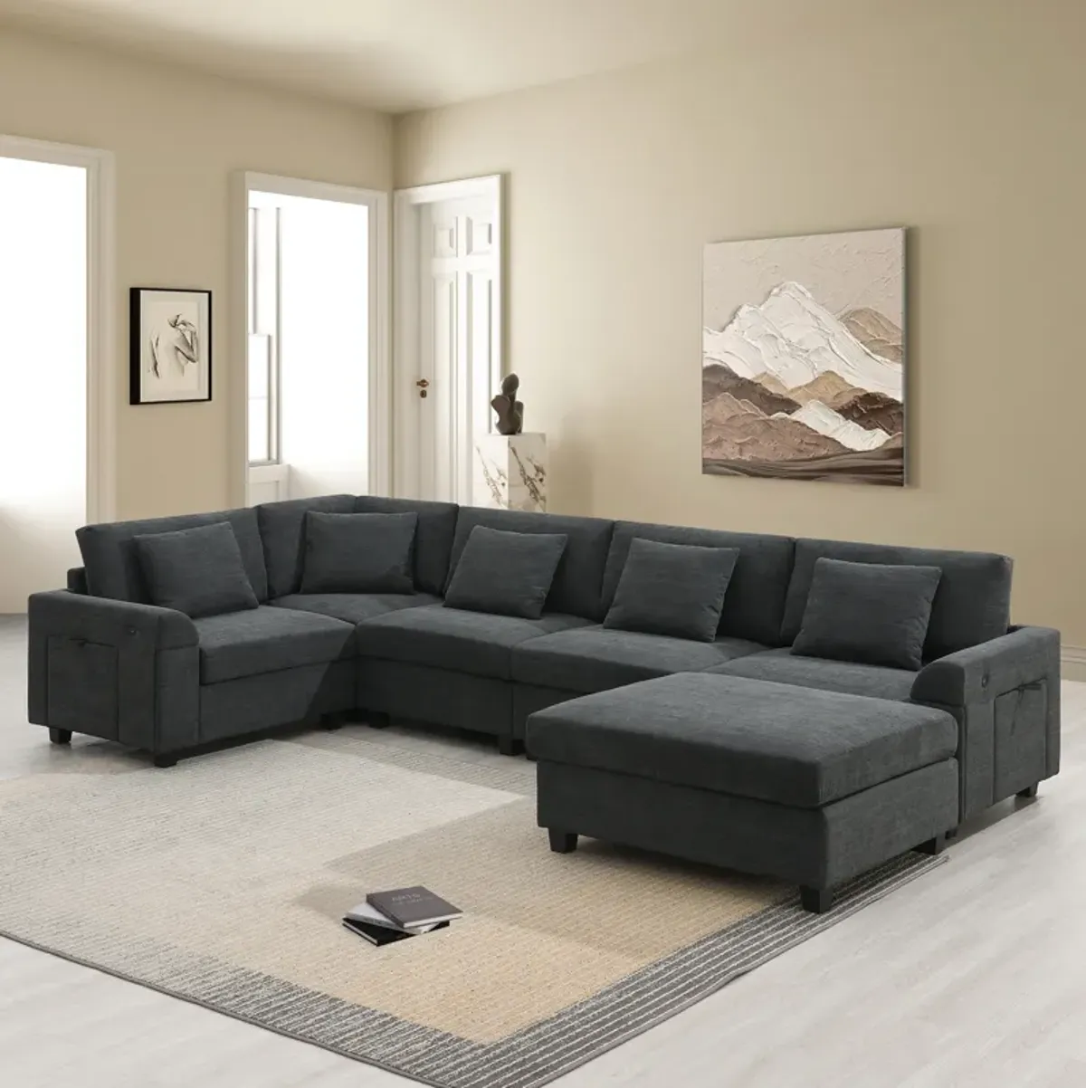 Whisen Modern Chenille U-shaped Sectional Sofa with Ottoman, Cup Holders and USB Charging Ports