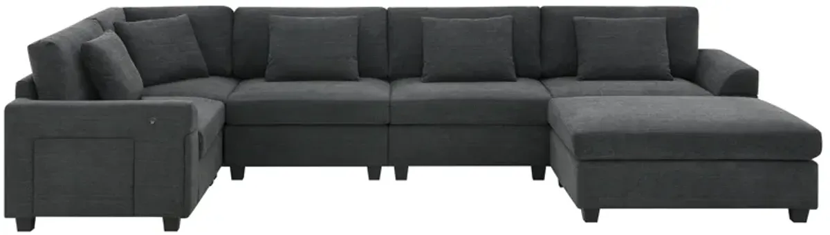 Whisen Modern Chenille U-shaped Sectional Sofa with Ottoman, Cup Holders and USB Charging Ports