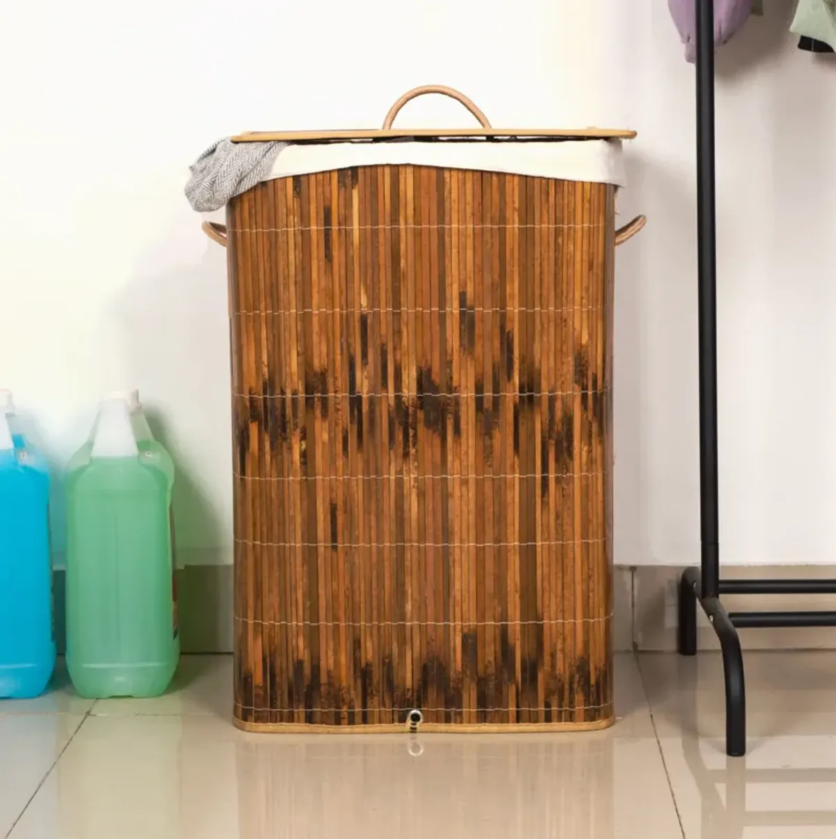 Rectangle Bamboo Collapsible Waterproof Laundry Hamper with Lid and Handles for Organizer, Clothes, Toy Durable Folder Washing Bin for Easy Carrying