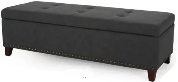 Nancy Storage Ottoman Bench, 51 Inch Dark Gray Fabric, Brass Nailhead Trim - Benzara