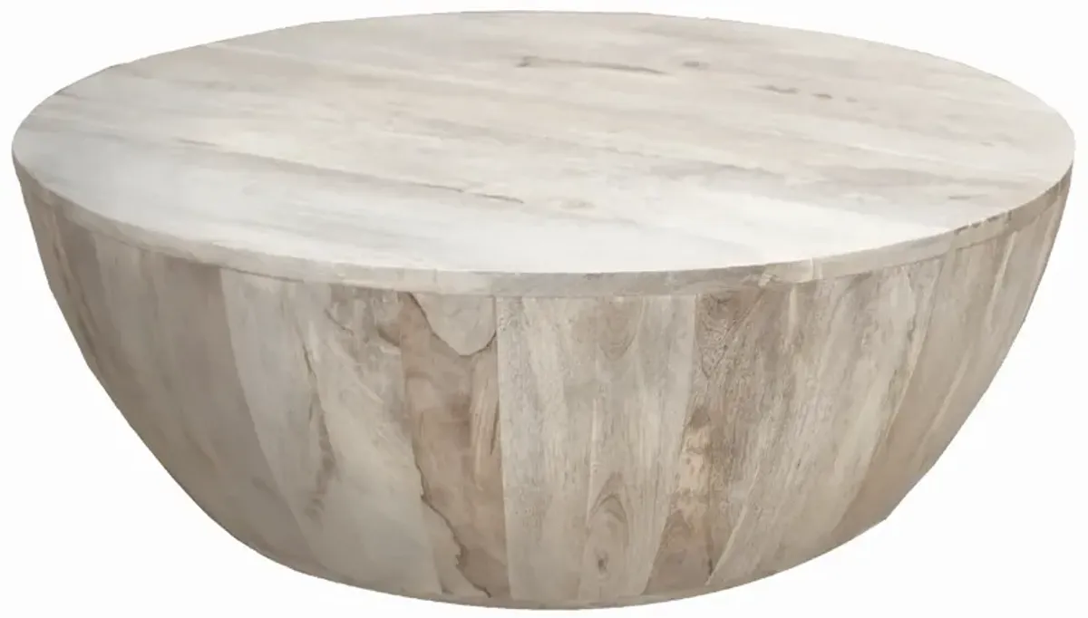 12 Inch Round Mango Wood Coffee Table, Subtle Grains, Distressed White-Benzara