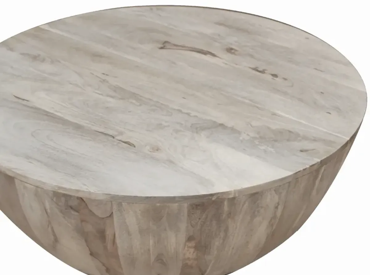 12 Inch Round Mango Wood Coffee Table, Subtle Grains, Distressed White-Benzara