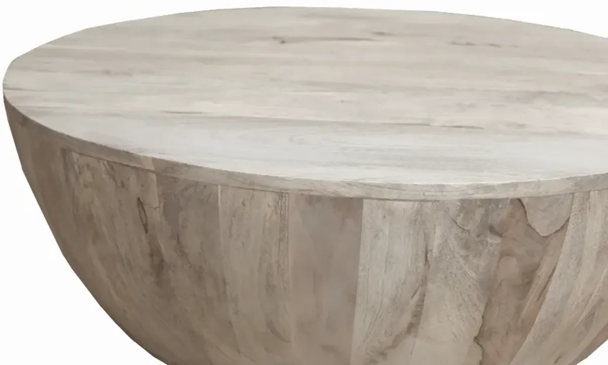 12 Inch Round Mango Wood Coffee Table, Subtle Grains, Distressed White-Benzara