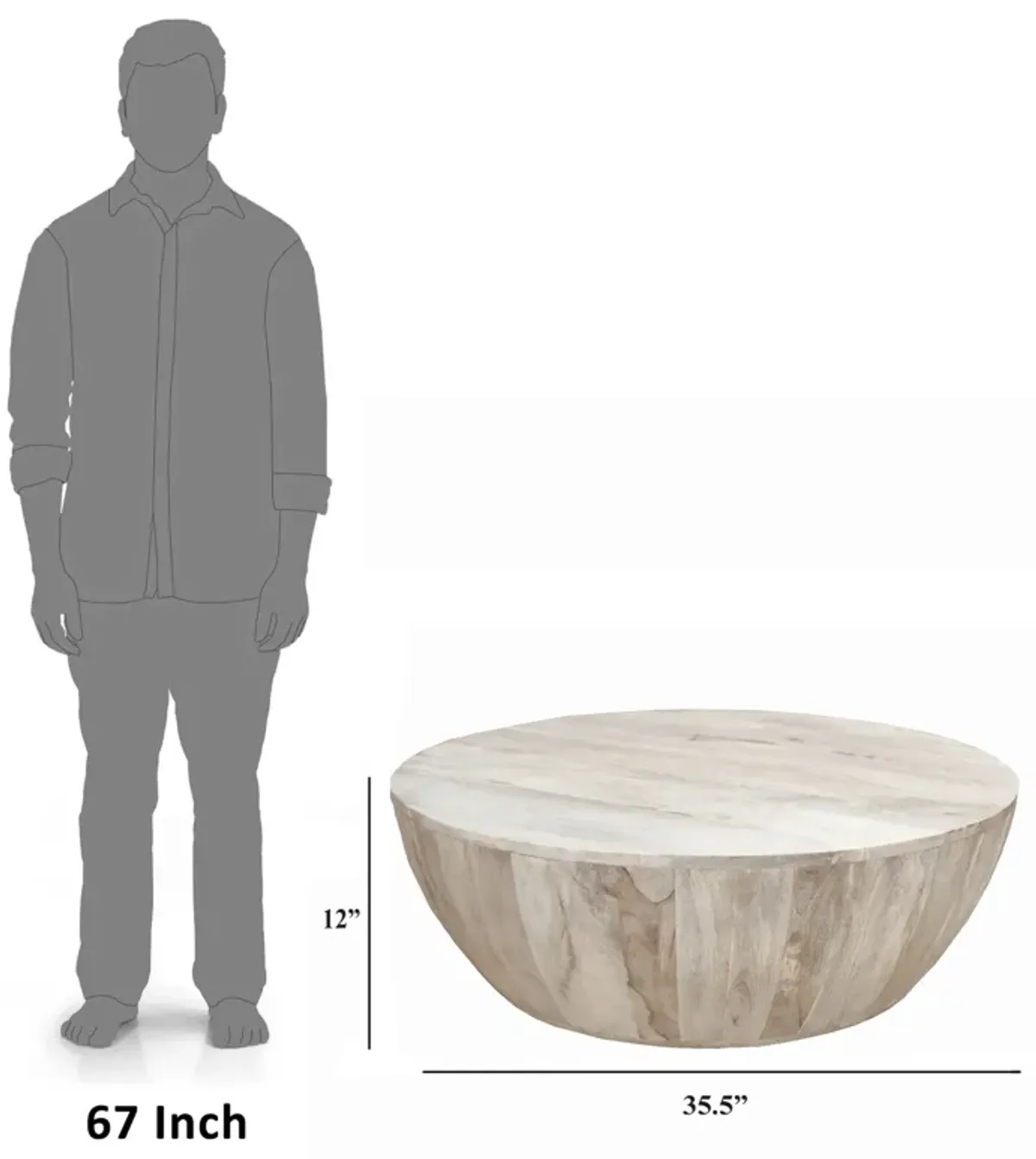 12 Inch Round Mango Wood Coffee Table, Subtle Grains, Distressed White-Benzara